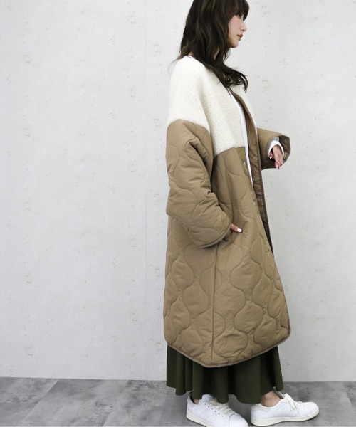 Per sist ence（パーシエンス）の「Per sist ence/パーシエンス　ボア切り替えキルトコート（ノーカラーコート・レディース・アイボリー/オリーブ/モカ/ブラック・FREE）」の12枚目の写真