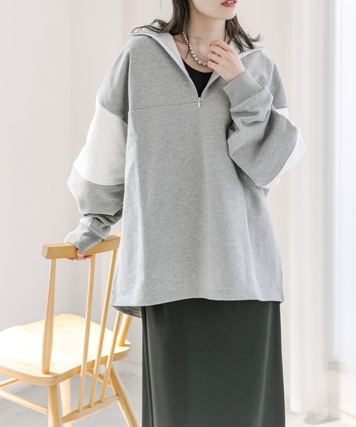 mystic（ミスティック）の「配色ハーフZIPスウェット（スウェット・レディース・グレー/グリーン/アイボリー/ダークグレー・FREE）」の3枚目の写真