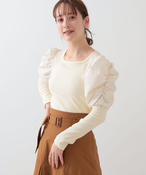 Ray BEAMS（レイビームス）の「Ray BEAMS / リブ ギャザー スリーブ スクエア ネック（Tシャツ/カットソー・レディース・オフホワイト/ブラック/グリーン系その他2・ONE SIZE）」の6枚目の写真