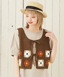 花柄モチーフニット前後着ベスト