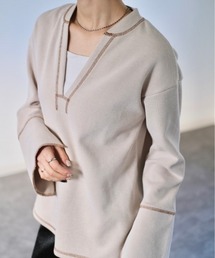 バイカラーステッチカットトップス / original bicolor stitch cut top 配色 カットソー プルオーバー 長袖 スウェット オーバーサイズ スリット フレア キーネック アイボリー カーキ ブラウン