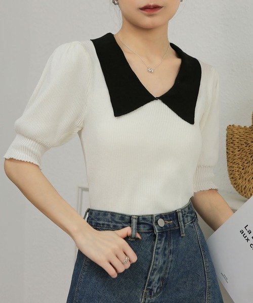MAISON DE THERESE(メゾン ド テレーズ)の「バイカラー半袖ニットTシャツ(Tシャツ/カットソー・レディース・ブルーグリーン/ベージュ/ホワイト/パープル/レッド/イエロー/グリーン/ブラック・M)」の21枚目の写真