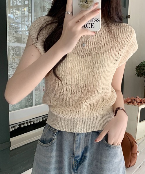 SHEENA(シーナ)の「フレンチスリーブニットトップス(Tシャツ/カットソー・レディース・オフホワイト/グレー/ブラック/ライトカーキ/ベージュ・M)」の15枚目の写真