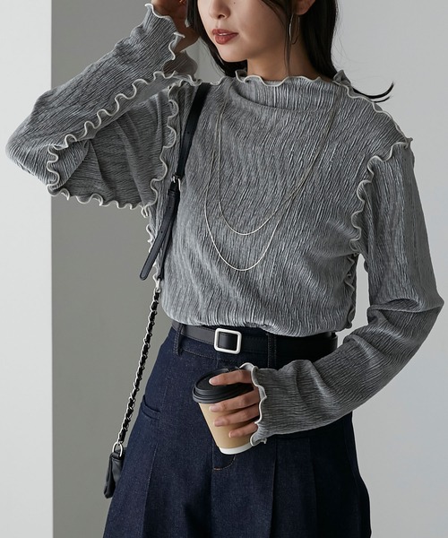 Anss.me(アンスミー)の「【Anss.me】ワッシャーベロアメロー配色プルオーバー(Tシャツ/カットソー・レディース・モカ/グレー/ブラック/アイボリー・FREE)」の3枚目の写真