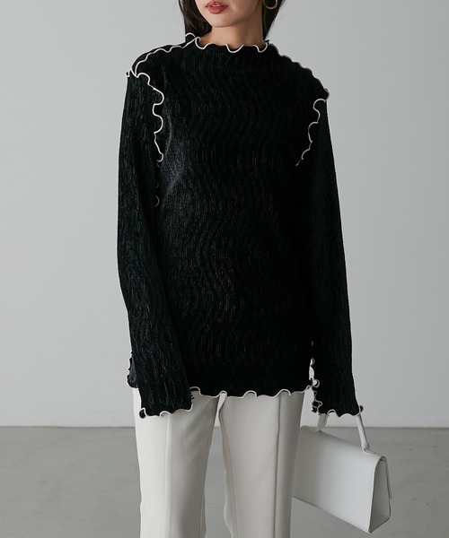 Anss.me(アンスミー)の「【Anss.me】ワッシャーベロアメロー配色プルオーバー(Tシャツ/カットソー・レディース・モカ/グレー/ブラック/アイボリー・FREE)」の14枚目の写真