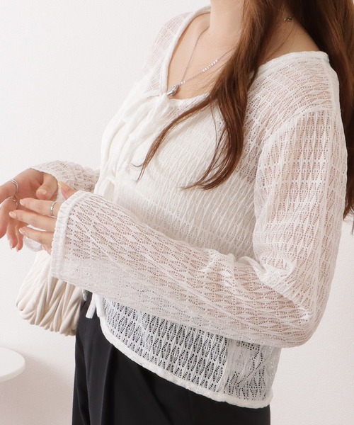 Lace Ladies(レースレディース)の「レース編みコンパクトリボンカーディガン(カーディガン/ボレロ・レディース・グリーン/アイボリー/ピンク/ホワイト・FREE)」の8枚目の写真
