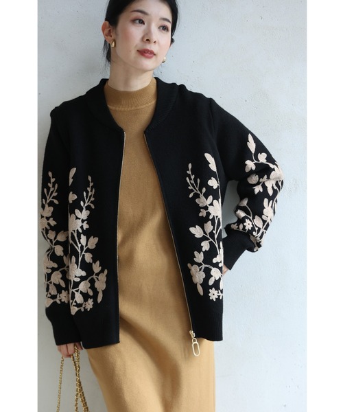 cawaii（カワイイ）の「（黒）花刺繍咲くジップアップニットブルゾン