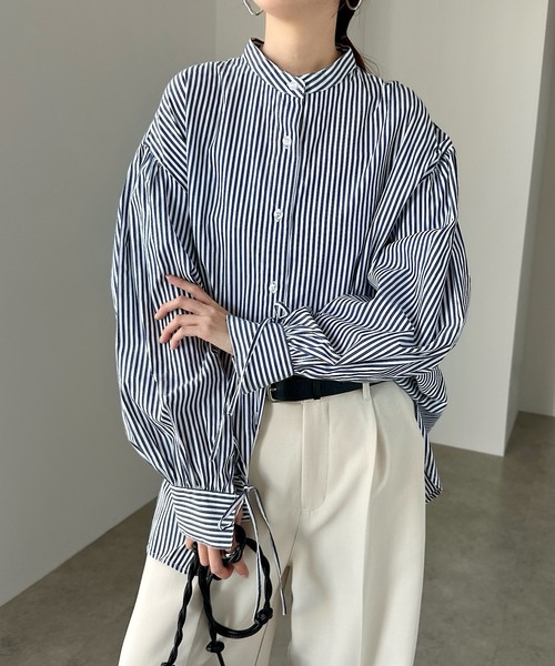 セール】無地/ストライプ袖リボンバンドカラー長袖シャツブラウス