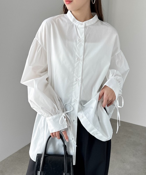 セール】無地/ストライプ袖リボンバンドカラー長袖シャツブラウス