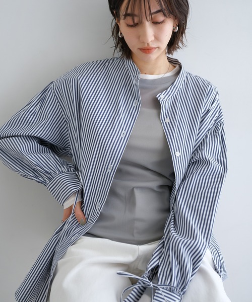 andme(アンドミー)の「袖リボンバンドカラー長袖シャツブラウス【無地/ストライプ】(シャツ/ブラウス・レディース・ブラック/ライトブルー/オフホワイト/ネイビー×ホワイト・M)」の16枚目の写真