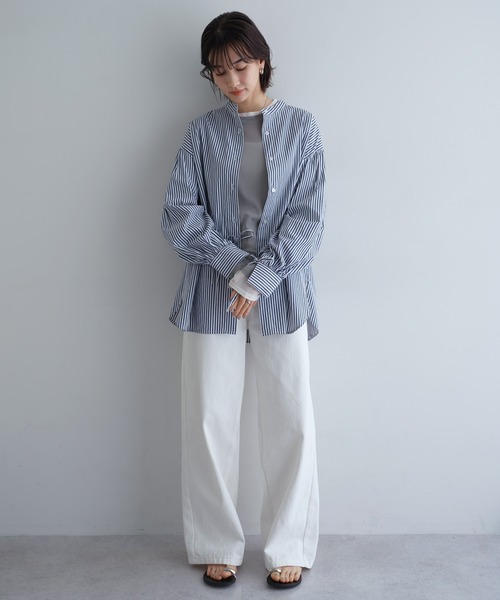 andme（アンドミー）の「袖リボンバンドカラー長袖シャツブラウス【無地/ストライプ】（シャツ/ブラウス・レディース・ブラック/ライトブルー/オフホワイト/ネイビー×ホワイト・M）」の18枚目の写真