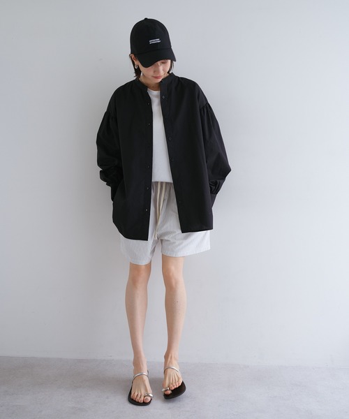 andme(アンドミー)の「袖リボンバンドカラー長袖シャツブラウス【無地/ストライプ】(シャツ/ブラウス・レディース・ブラック/ライトブルー/オフホワイト/ネイビー×ホワイト・M)」の10枚目の写真