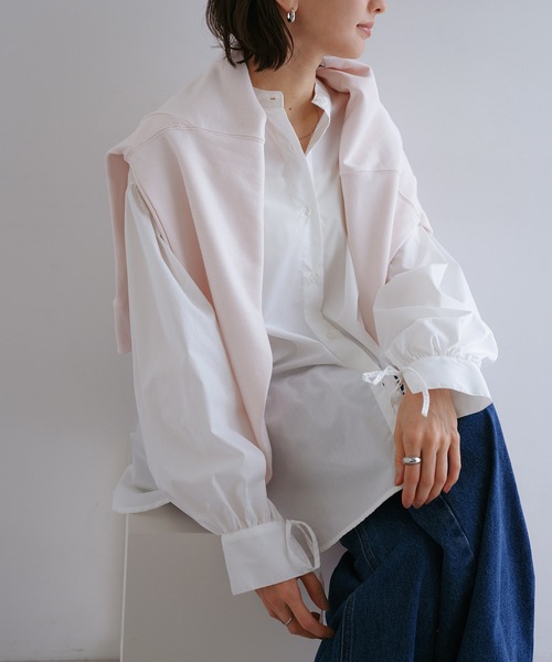 andme（アンドミー）の「袖リボンバンドカラー長袖シャツブラウス【無地/ストライプ】（シャツ/ブラウス・レディース・ブラック/ライトブルー/オフホワイト/ネイビー×ホワイト・M）」の5枚目の写真