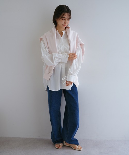 andme（アンドミー）の「袖リボンバンドカラー長袖シャツブラウス【無地/ストライプ】（シャツ/ブラウス・レディース・ブラック/ライトブルー/オフホワイト/ネイビー×ホワイト・M）」の6枚目の写真