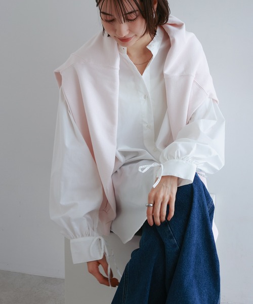 andme(アンドミー)の「袖リボンバンドカラー長袖シャツブラウス【無地/ストライプ】(シャツ/ブラウス・レディース・ブラック/ライトブルー/オフホワイト/ネイビー×ホワイト・M)」の7枚目の写真