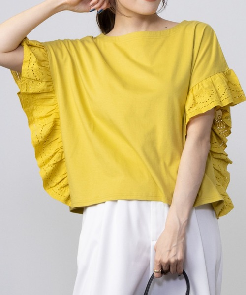 Howdy Marie(ハウディ―マリー)の「Howdy Marie ハウディーマリー 袖フリルTシャツ(Tシャツ/カットソー・レディース・ブラック/イエロー系その他/サックスブルー/ホワイト・フリー)」の4枚目の写真