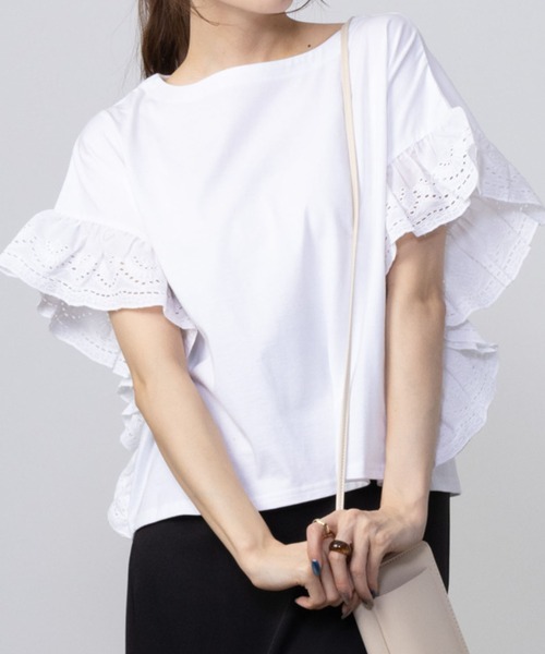 Howdy Marie(ハウディ―マリー)の「Howdy Marie ハウディーマリー 袖フリルTシャツ(Tシャツ/カットソー・レディース・ブラック/イエロー系その他/サックスブルー/ホワイト・フリー)」の2枚目の写真