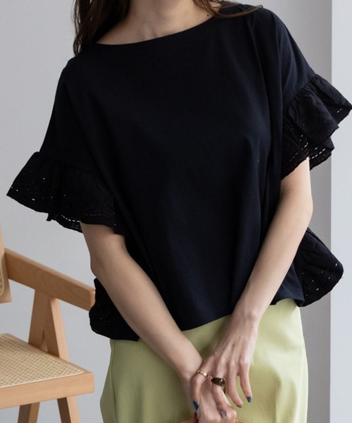 Howdy Marie(ハウディ―マリー)の「Howdy Marie ハウディーマリー 袖フリルTシャツ(Tシャツ/カットソー・レディース・ブラック/イエロー系その他/サックスブルー/ホワイト・フリー)」の1枚目の写真