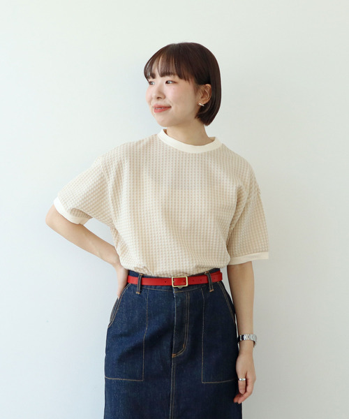 PAR ICI（パーリッシィ）の「ギンガムジャガード 半袖BIG Tシャツ（Tシャツ/カットソー・レディース・ブラック/ブルー/その他/オレンジ/ブラウン/ピンク/ネイビー/ピンク系その他/ミント/ベージュ/カーキ・FREE）」の3枚目の写真