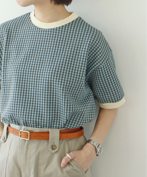 PAR ICI（パーリッシィ）の「ギンガムジャガード 半袖BIG Tシャツ（Tシャツ/カットソー・レディース・ブラック/ブルー/その他/オレンジ/ブラウン/ピンク/ネイビー/ピンク系その他/ミント/ベージュ/カーキ・FREE）」の4枚目の写真