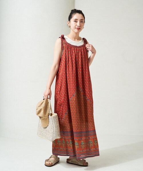 Freada(フリーダ)の「Freada/フリーダ インド肩リボンエスニックキャミワンピース(ワンピース・レディース・オレンジ/ブラック・ONE SIZE)」の6枚目の写真