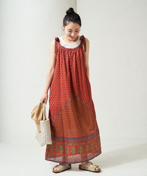 Freada(フリーダ)の「Freada/フリーダ インド肩リボンエスニックキャミワンピース(ワンピース・レディース・オレンジ/ブラック・ONE SIZE)」の11枚目の写真