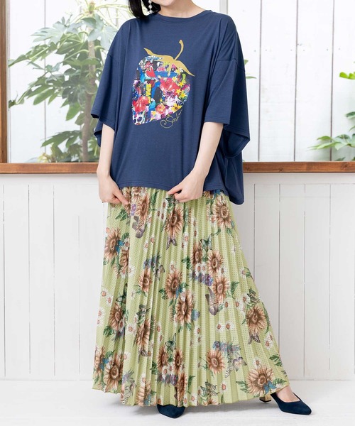 iS ScoLar（イズスカラー）の「542231：蝶花ひまわり柄メッシュプリーツスカート（スカート・レディース・ブラック/グリーン/アイボリー・M）」の10枚目の写真