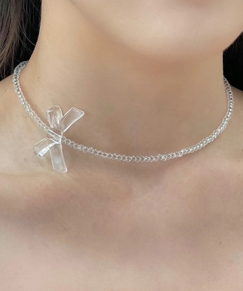 ルネ ネックレス リボン ラインストーン 美品 クリアビーズリボンネックレス（ネックレス）｜leune（ルネ）の