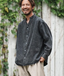 ms5717-Chemical Wash Denim Band Collar Skipper Shirts デニムシャツ