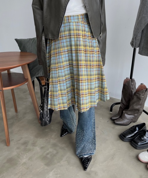 SHAGGIE（シャギー）の「プリーツミディチェック柄スカート（スカート・レディース・パープル/イエロー・FREE）」の12枚目の写真
