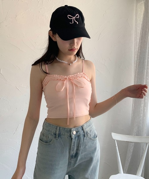 Teem Store(チームストア)の「フリルビッグリボン ショート リブキャミソール(キャミソール・レディース・グレー/ブルー/ブラック/ホワイト/ピンク/グリーン/イエロー・F)」の9枚目の写真