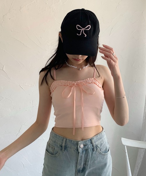 Teem Store(チームストア)の「フリルビッグリボン ショート リブキャミソール(キャミソール・レディース・グレー/ブルー/ブラック/ホワイト/ピンク/グリーン/イエロー・F)」の8枚目の写真