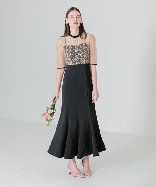 美品レジャ半袖ロングワンピース総レースブラック S