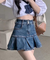 裾プリーツ 切り替えデニムミニスカート