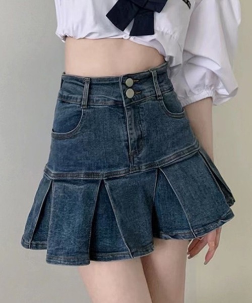 セール】裾プリーツ 切り替えデニムミニスカート（デニム