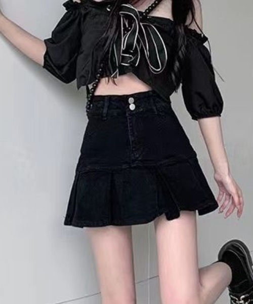 セール】裾プリーツ 切り替えデニムミニスカート（デニムスカート