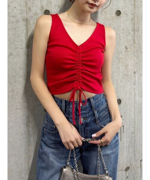 EVRIS（エヴリス）の「ギャザーリボンタンクトップ（タンクトップ・レディース・レッド/ホワイト/ブラック・FREE）」の3枚目の写真