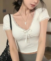 レース使い胸クロスデザインフロントリボン付き半袖トップス