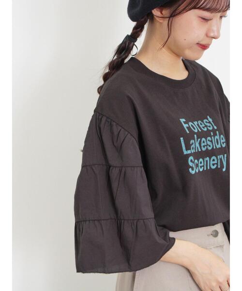 Samansa Mos2（サマンサ モスモス）の「袖ティアードTシャツ（Tシャツ/カットソー・レディース・チャコールグレー/オフホワイト/パープル/マスタード・F）」の6枚目の写真