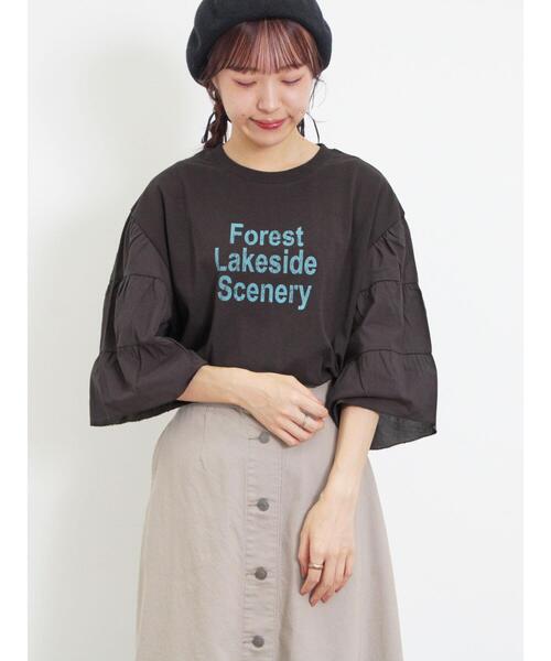 Samansa Mos2（サマンサ モスモス）の「袖ティアードTシャツ（Tシャツ/カットソー・レディース・チャコールグレー/オフホワイト/パープル/マスタード・F）」の7枚目の写真