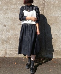 LOSUCA | 5.5ozデニム ピンタックワンピース / スタンドカラー マキシワンピース ナチュラル フレンチ レトロ ヴィンテージ シティガール(ワンピース)