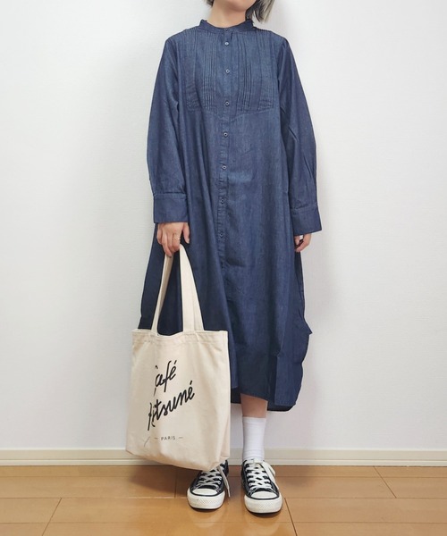 セール】5.5ozデニム ピンタックワンピース / スタンドカラー マキシ