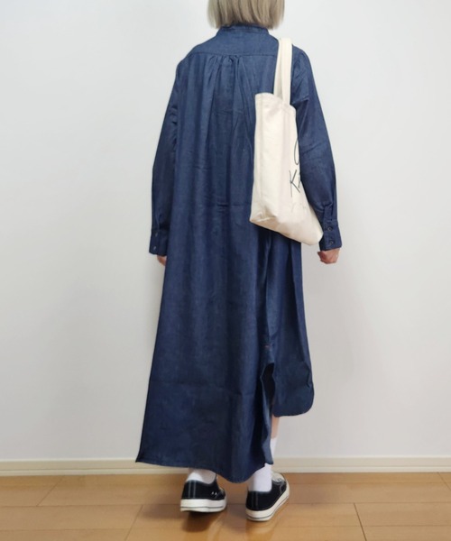 LOSUCA（ロスカ）の「5.5ozデニム ピンタックワンピース / スタンドカラー マキシワンピース ナチュラル フレンチ レトロ ヴィンテージ シティガール（ワンピース・レディース・ネイビー/ブラック/ブルー・FREE）」の5枚目の写真