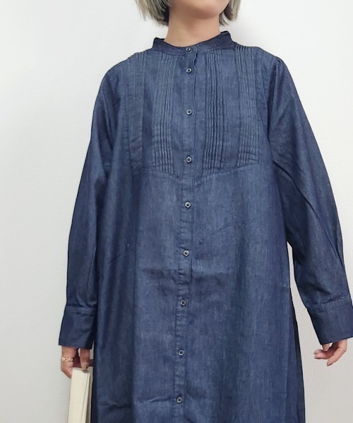 LOSUCA（ロスカ）の「5.5ozデニム ピンタックワンピース / スタンドカラー マキシワンピース ナチュラル フレンチ レトロ ヴィンテージ シティガール（ワンピース・レディース・ネイビー/ブラック/ブルー・FREE）」の6枚目の写真