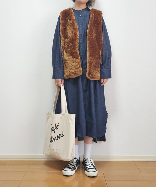 セール】5.5ozデニム ピンタックワンピース / スタンドカラー マキシ