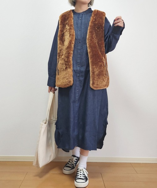 セール】5.5ozデニム ピンタックワンピース / スタンドカラー マキシ