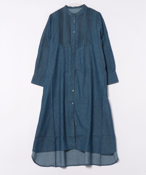 セール】5.5ozデニム ピンタックワンピース / スタンドカラー マキシ