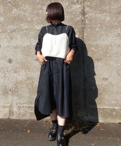 セール】5.5ozデニム ピンタックワンピース / スタンドカラー マキシ