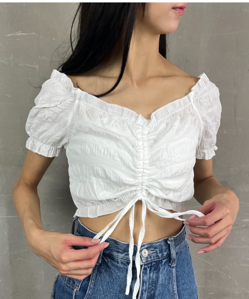 【THEAIRTOWN】オフショルダーシャーリングシャツトップ♡ STS44207 ワンショルダーシャーリングオフショルダー長袖Tシャツ