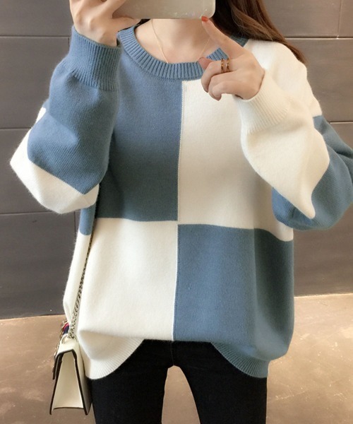Jayro(ジャイロ)の「ブロックチェック柄ニットトップス(ニット/セーター・レディース・チャコールグレー/ブルー/ピンク・FREE)」の7枚目の写真